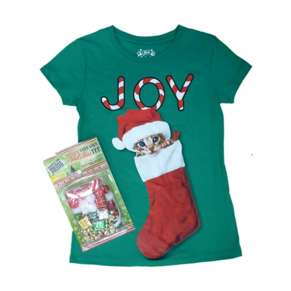 Girls Green Kitten Design Your Own Holiday T-Shirt Kit Kitty Cat Santa Claus
