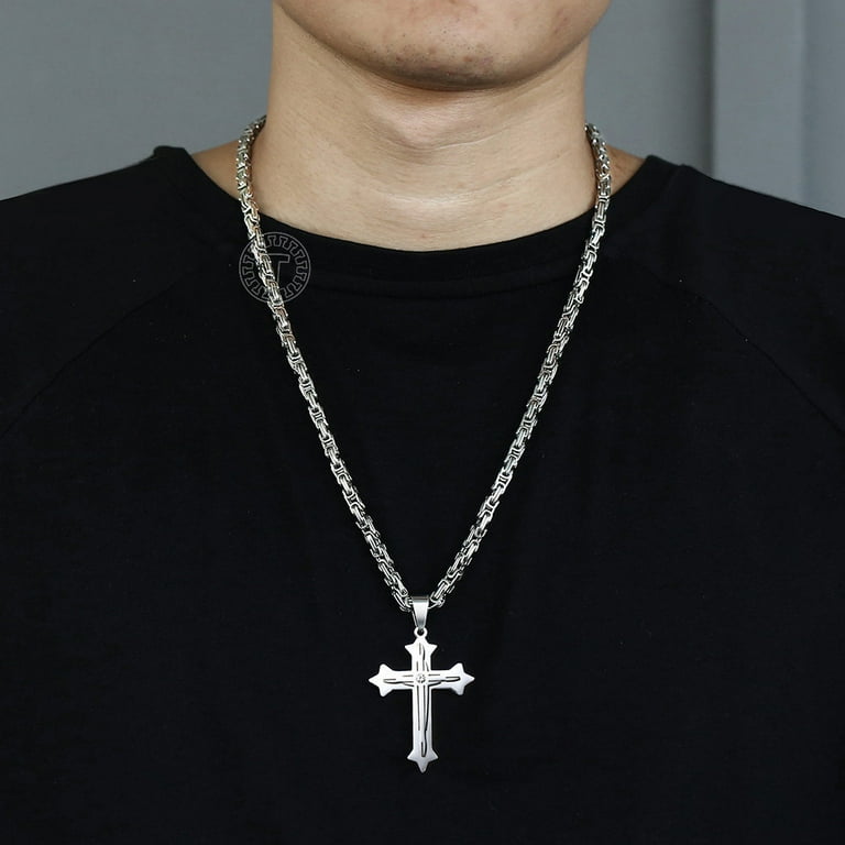 Mens Byzantine Box Stainless Steel Cross Pendant Necklace Chain