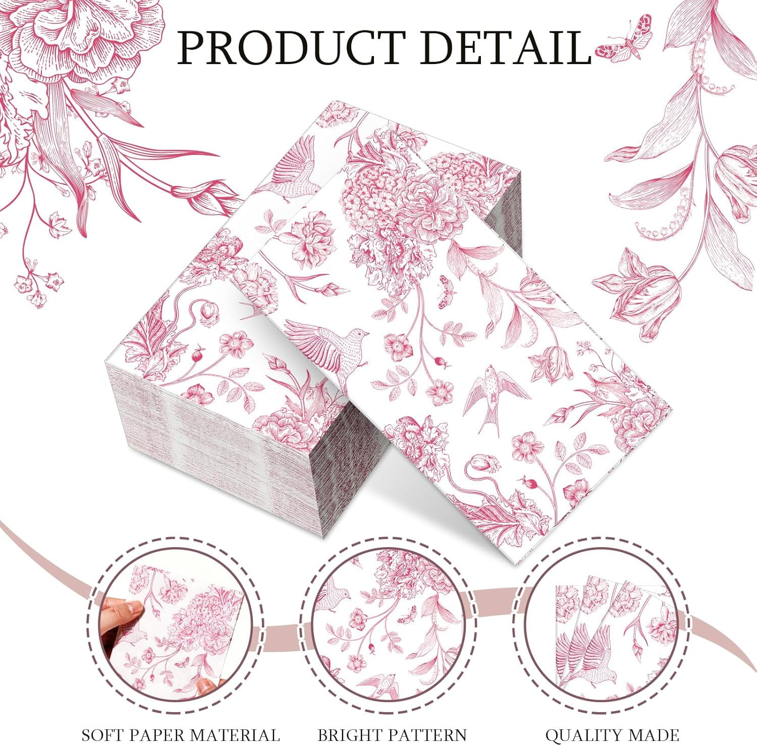 200 Pcs Floral Paper Napkins Disposable Hand Towels for Bathroom Guest Decorative Napkins for Bathroom Shower Toilet Room Holiday Wedding Bridal Tea Party (Pink)