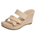 thumbnail image 5 of Rokment Womens Wedges High Heels Dress Slides Sandals Ladies Stylish Simple Denim Cross-Band Platform Chunky Heeled Slip on Summer Casual Height Increasing Dressy Slippers Beige Size 6.5, 5 of 6