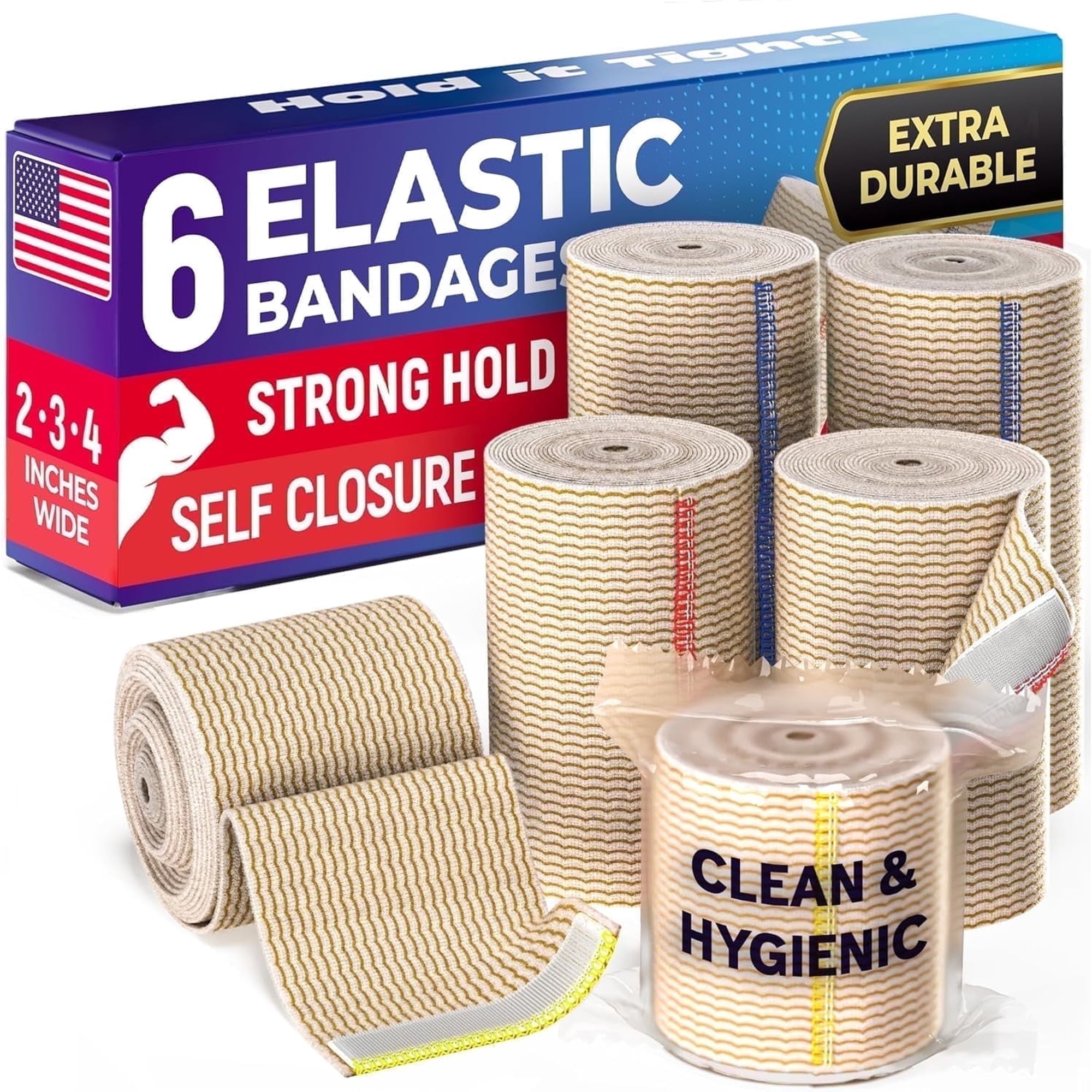 Premium Elastic Bandage Wrap - 6pk (2x2", 2x3", 2x4") - Strong Self-Closing Compression Bandage Wrap