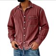 thumbnail image 2 of Wutalume Men's Casual Solid Color Denim Shirt, Distressed Washed Retro Workwear Style, Long Sleeve American Heritage Top for Everyday Wear,Wine 3XL, 2 of 3