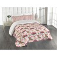 thumbnail image 2 of Floral Coverlet, Composition of Spring Flower Bouquets Round Doodle Ornament and Bunny with Headdress, 3 Piece Decorative Quilted Bedspread Set with 2 Pillow Shams, Queen Size, Pink White, Ambesonne, 2 of 4