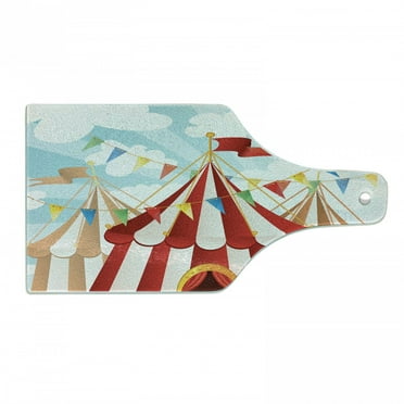 Circus Cutting Board, Circus Stripes Sunshines Through Cloudy Sky Traditional Performing Arts Theme, Tempered Glass Cutting and Serving Board, Wine Bottle Shape, Blue White Red, by Ambesonne
