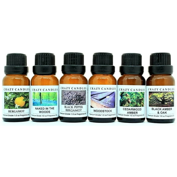 Crazy Candles 6 Bottles Set, Bergamot, Black Pepper Bergamot, Naked in The Woods, Woodstock, Cedar wood Amber, Black Amber & Oak 1/2 Fl Oz Each (15ml) Premium Fragrance Oils