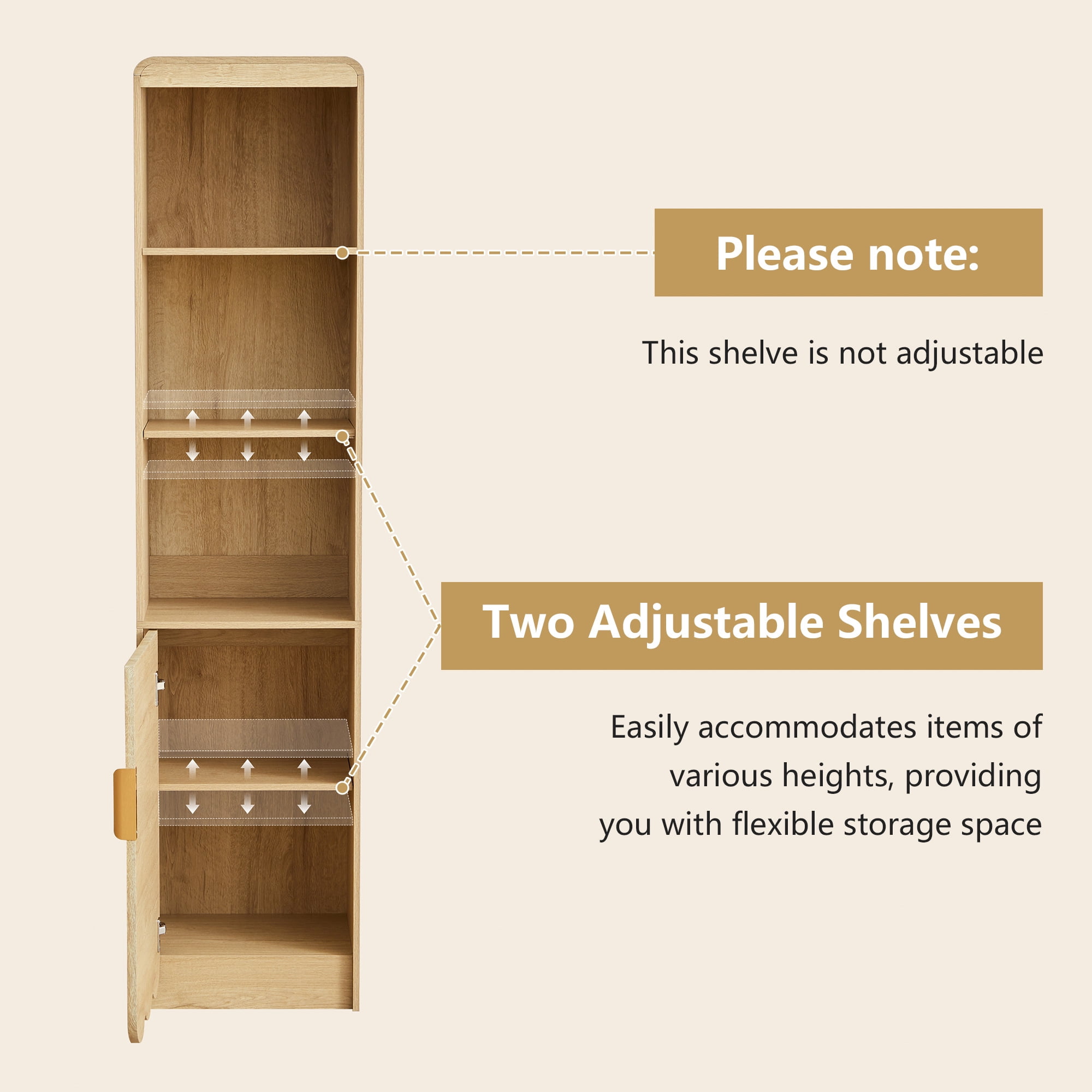 YOCWO 67" Tall Bathroom Storage Cabinet with Adjustable Shelves, 5 Tiers & 1 Door Bathroom Storage Tower with Wave Panel & Mental Handle, Freestanding Narrow Cabinet for Small Spaces, Natural
