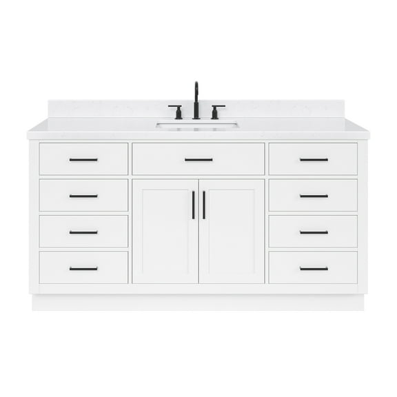 ARIEL Hepburn 66" White Bathroom Vanity, 1.5" Edge Carrara Quartz Countertop & Splash, Single Rectangular Sink, 2 Soft Closing Doors, 9 Full Extension Dovetail Drawers, Toe Kick, Matte Black