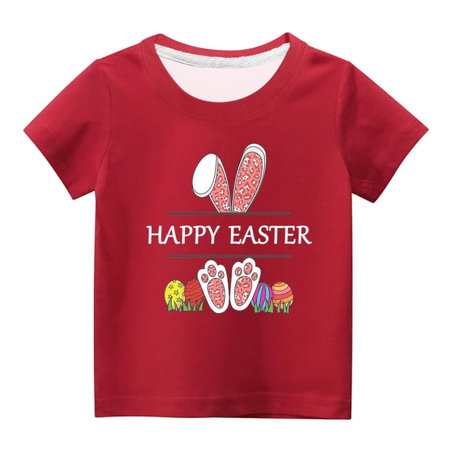 Penkiiy T-Shirts de Pâques pour Enfants Garçons Filles Mode Mignon Oreilles de Lapin de Pâques Œufs de Pâques Imprimé Col Rond Manches Courtes 4 Ans Rouge
