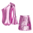 thumbnail image 4 of TiaoBug Kids Girls Latin Dance Outfit Shiny Metallic Fringe Dress One Shoulder Top with Tassels Skirts Set Pink 6, 4 of 7