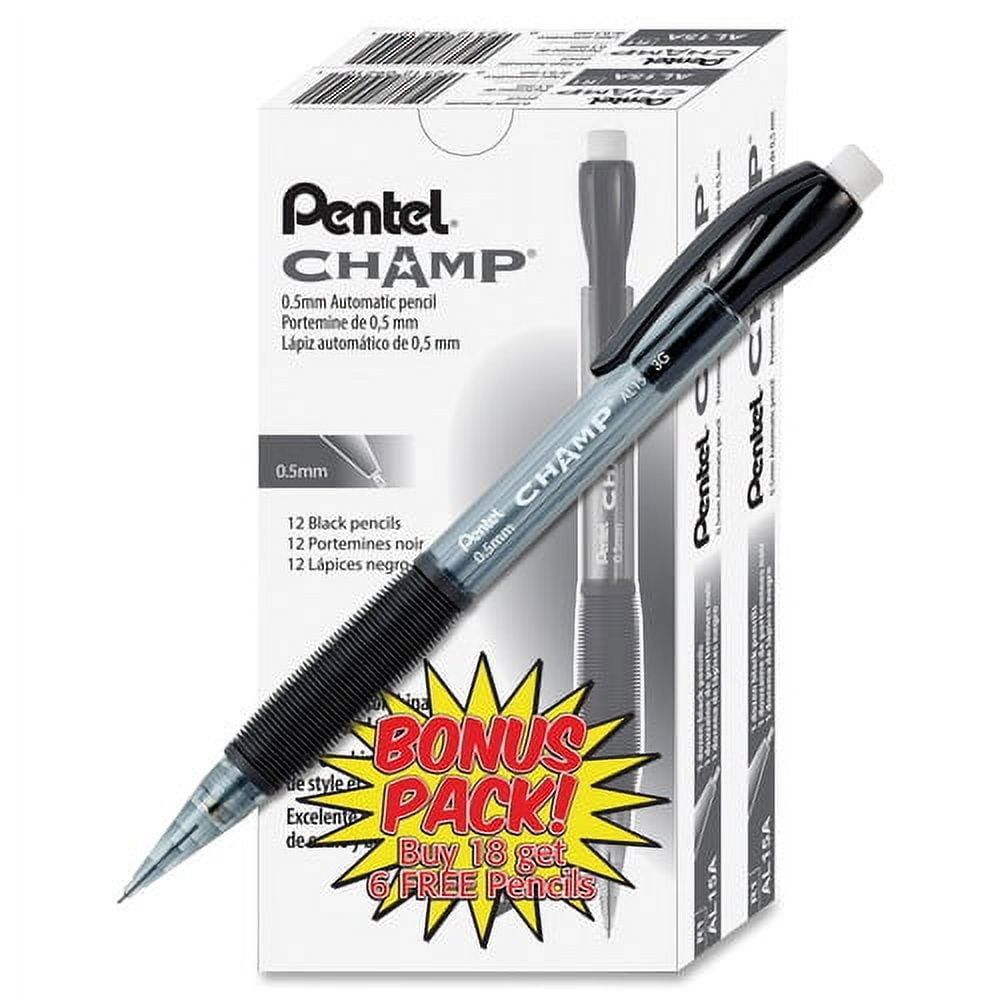 Pentel® CHAMP Mechanical Pencil, 0.5mm, Black Barrel, Preloaded HB Lead, 24 Pack