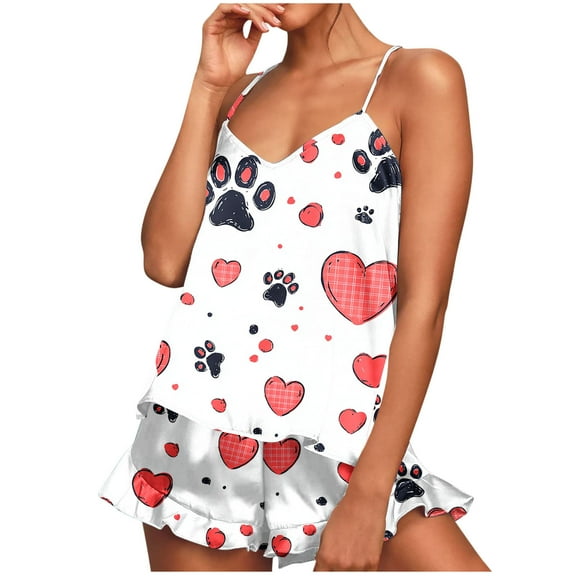 GERsome 2 Piece Womens Pajamas Set Cute Print Sleepwear Tank Tops and Ruffled Shorts Loungewear Outfits S-XXL