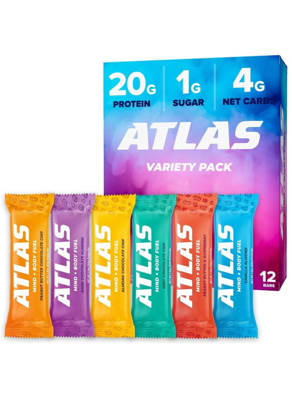 Atlas Protein Bar, 20g Protein, 1g Sugar, Clean Ingredients, Gluten Free, Variety Pack, 12 Count
