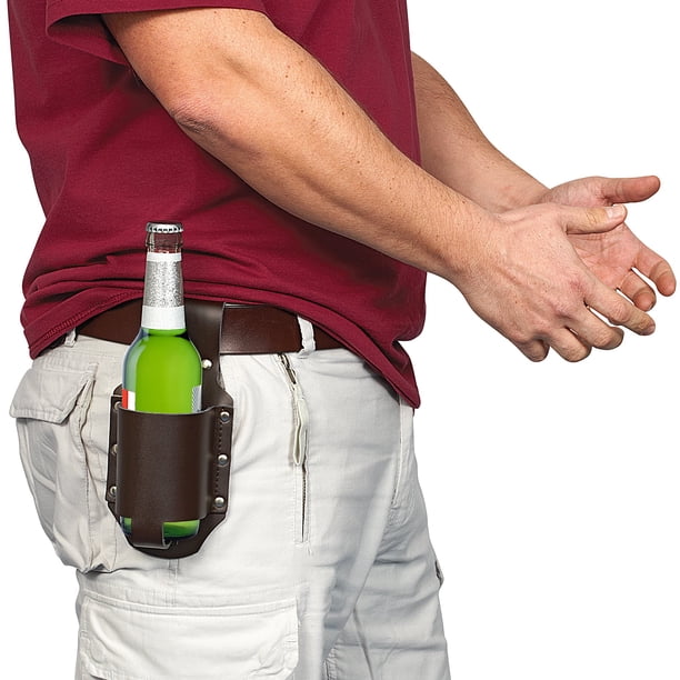 Fundas de cerveza de cuero PU, cinturón con soporte para cerveza, riñonera para viajes, exteriores, patio trasero, funda clásica para cerveza (marrón)