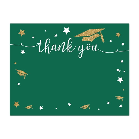 Emerald Forest Green and Gold Glittering Graduation Party, Blank Thank You Notes with Envelopes, 20-Pack