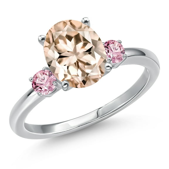 Gem Stone King 14K White Gold Peach Morganite and Pink Lab Grown Diamond Engagement Ring for Women | 2.26 Cttw | Oval 10X8MM | Gemstone October Birthstone | Size 5