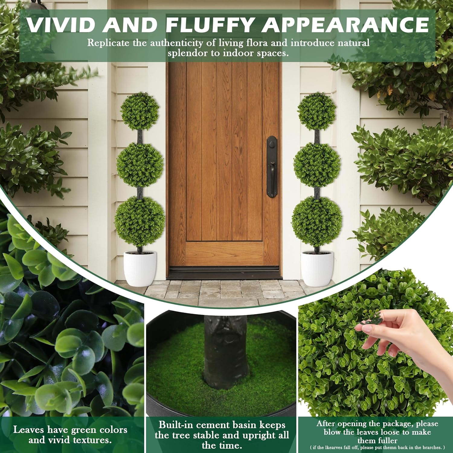 Bibana 2 Pack 4FT Artificial Topiary Ball Tree, Set of 2 Faux Triple Boxwood Shrubs in Pot, Realistic UV Resistant Fake Plants for Outdoor Front Door, Porch, Patio, Garden & Indoor Decor