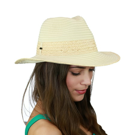 C.C Women's Raffia Weaved Band and Brim Fedora Panama Summer Sun Hat,