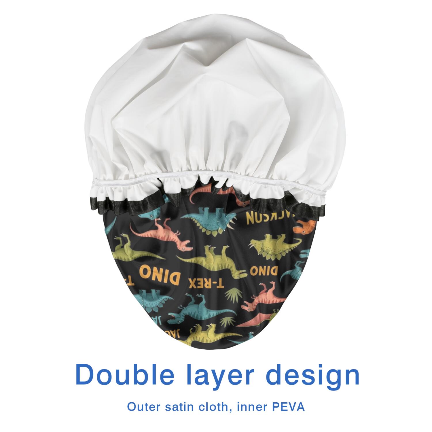 Shower Caps,Black Cartoon Dinosaurs Names Pattern Waterproof Shower Cap for Women 4 Pieces,Double Reusable Hair Cover for Shower PEVA Elastic Stretch Hem