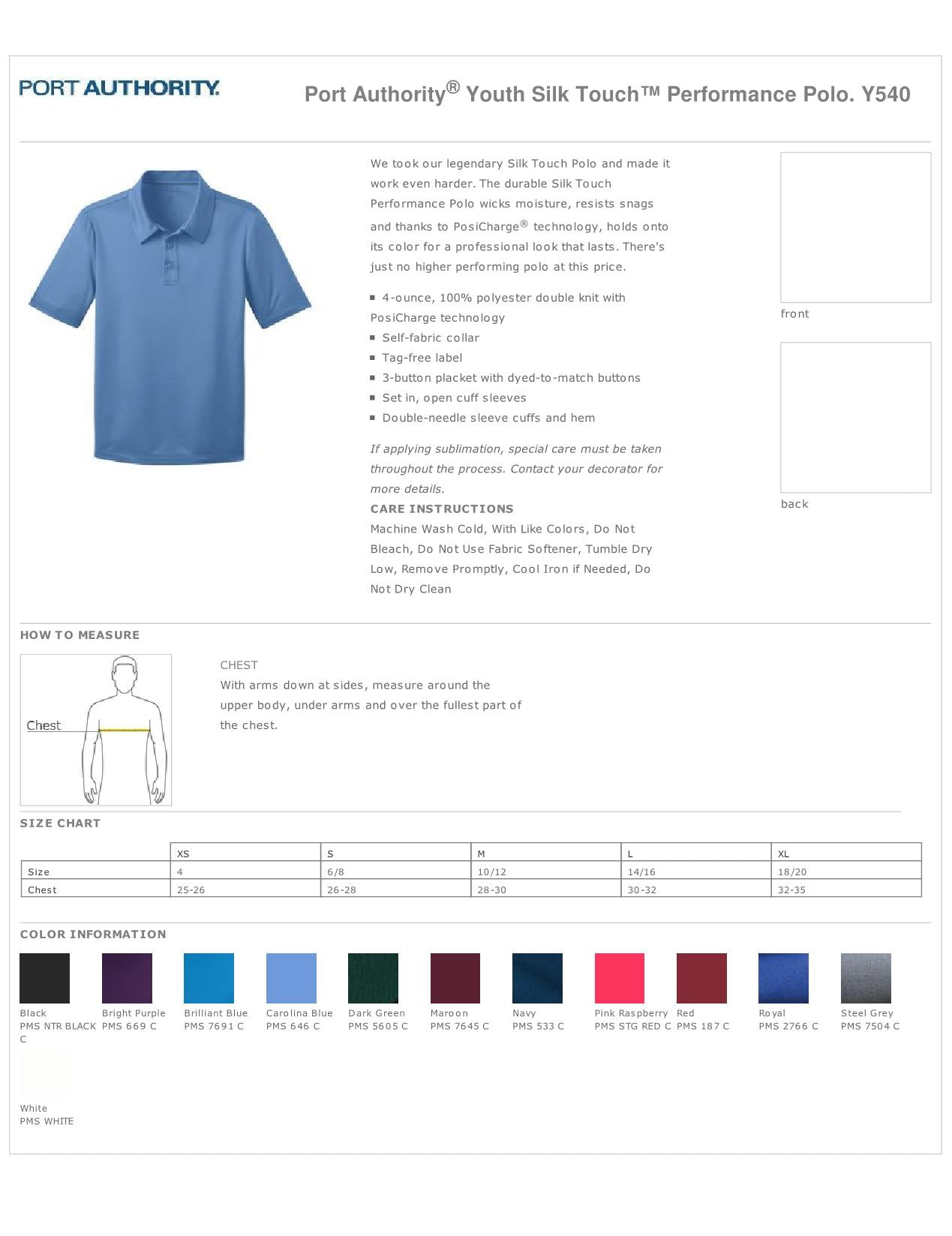 Port Authority Youth Silk Touch Performance Polo Y540 Brilliant Blue M