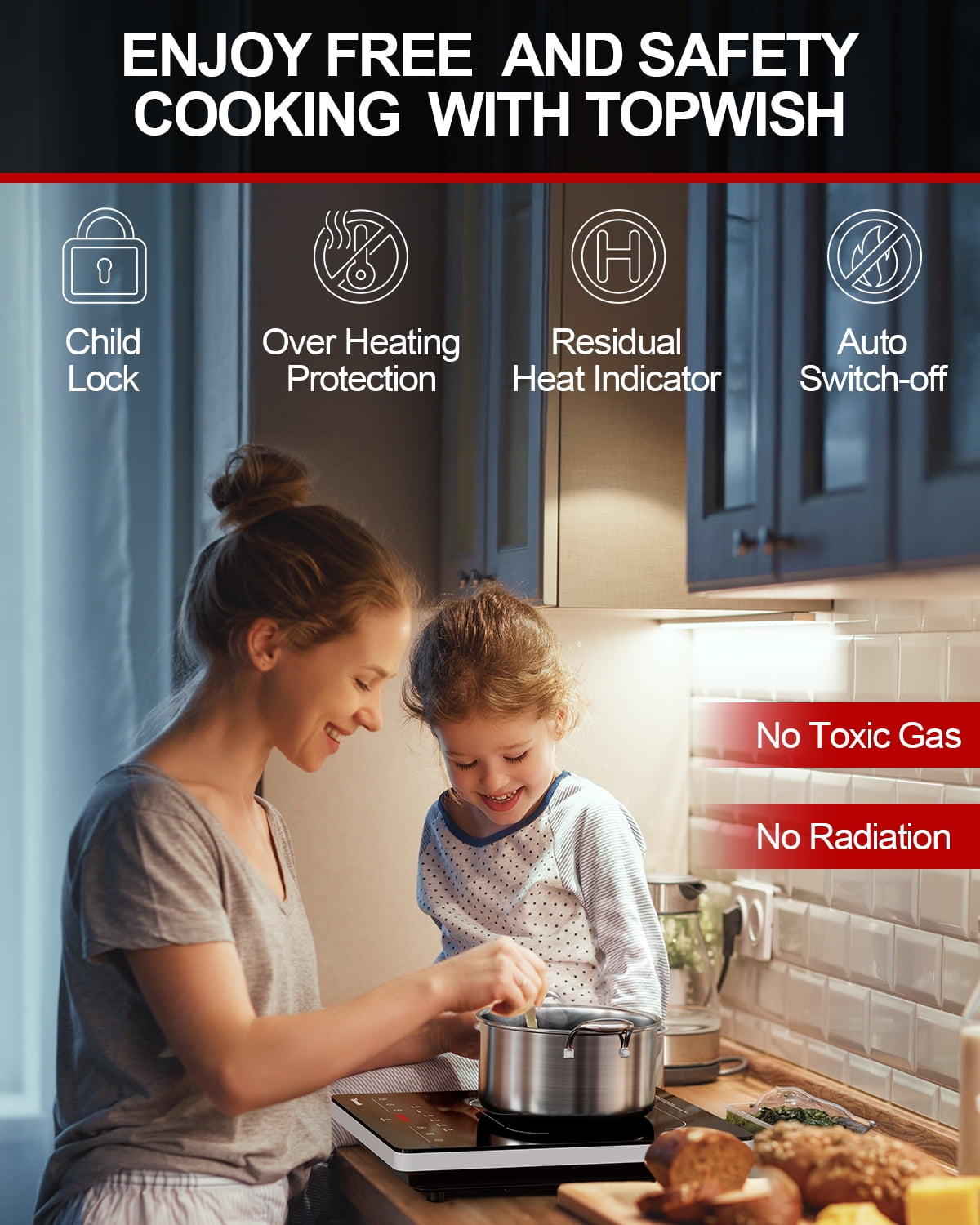 TOPWISH Portable Electric Cooktop, 1300W Single-Burner Ceramic Hot Plate, 110–120V Countertop Stove with 6 Preset Functions, 10 Power Levels, LED Touch Control, Timer, Child Lock & Residual Heat Indi