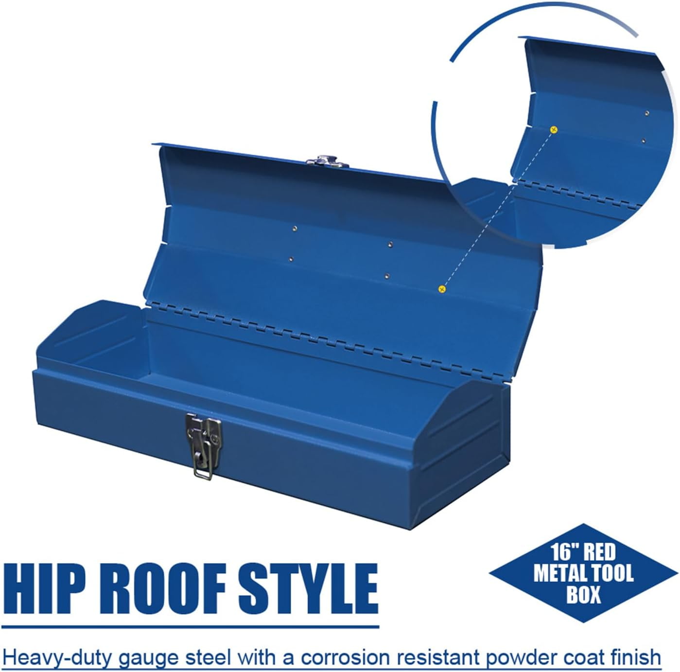 HPDMC Metal Tool Box - 16" Heavy Duty Steel Toolbox with Metal Latch - Portable Hip Roof Style Mechanic Tool Boxes for car, truck, tractor, house use, Blue