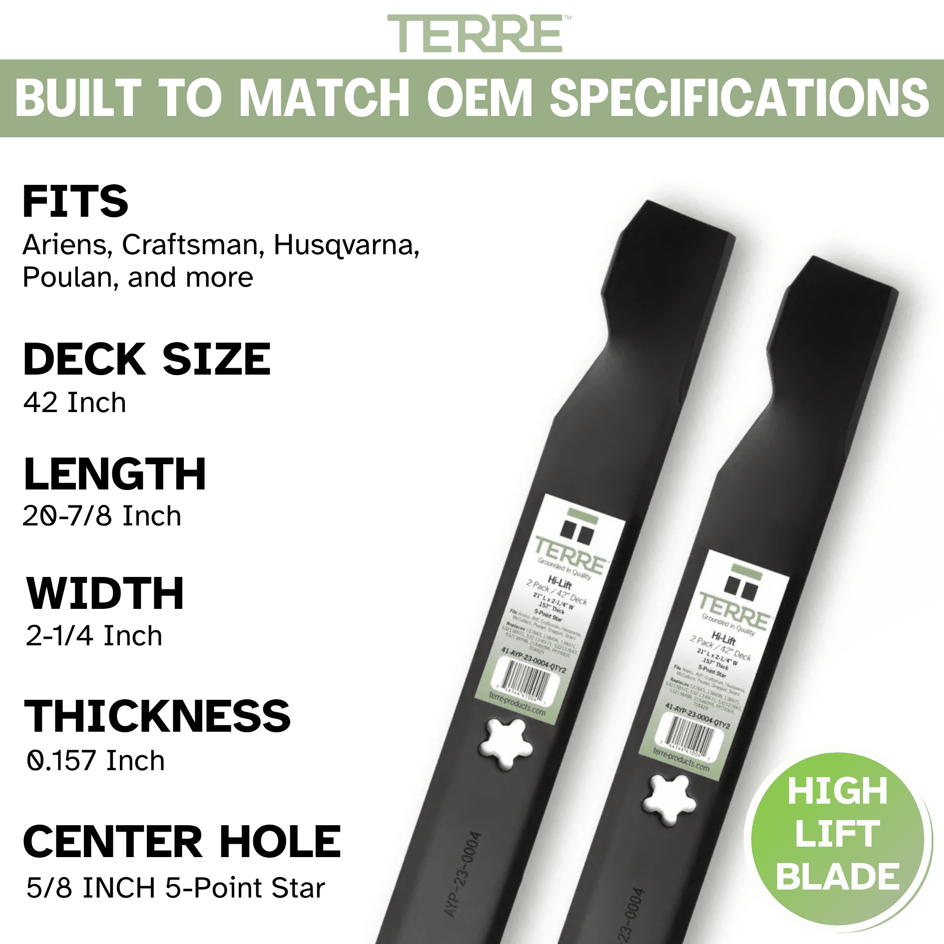 Terre 42 Inch Hi Lift Lawn Mower Blades for Ariens, Craftsman, Husqvarna
