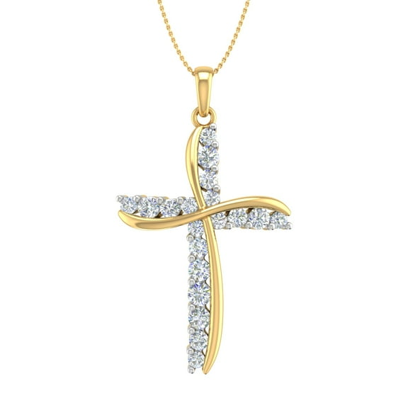 3/4 Carat Diamond Cross Pendant Necklace in 14K Yellow Gold (Silver Chain Included) (SI1-SI2 Clarity)