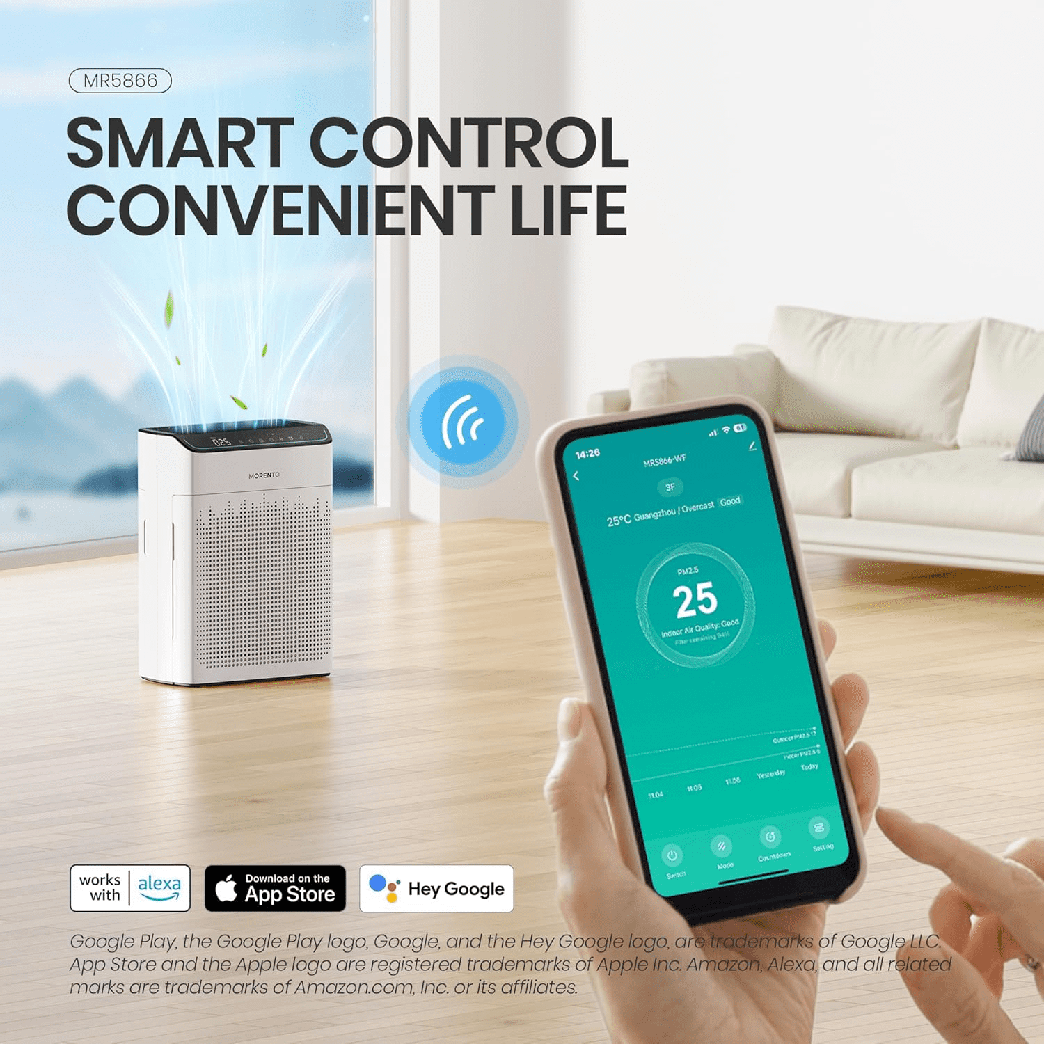 MORENTO Smart Air Purifier for Home Bedroom Large Room Up to 1290 Sqft, Wi-Fi and Alexa compatible, Double-sided HEPA Filter Air Cleaner for Smoke, Dust, Pollen, Pet Hair, Odor, White