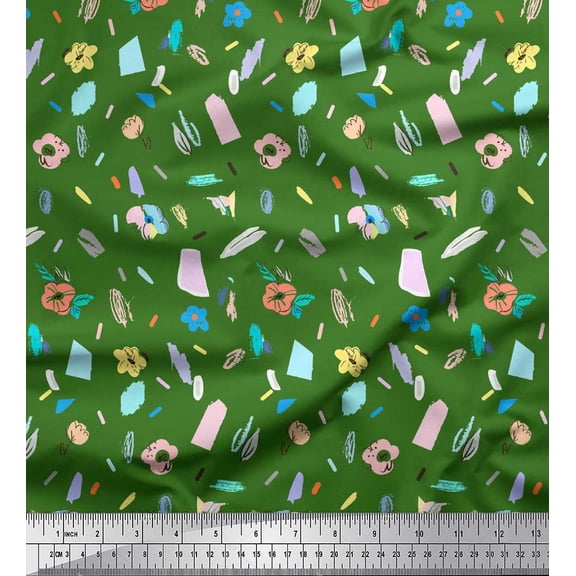 Soimoi Green Cotton Duck Fabric Brush Stroke & Artistic Floral Printed Fabric 1 Yard 42 Inch Wide