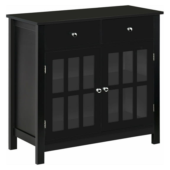 SAZYY Black Sideboard Buffet Cabinet, Storage Cupboard with Glass Doors, Adjustable Shelf and 2 Drawers for Kitchen