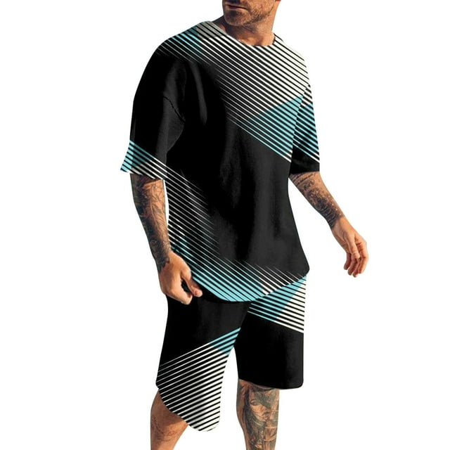 Costumes pour Hommes Ensemble 2 Pcs Hipster Imprimé Patchwork Tee-Shirt et Shorts pour Hommes Style Sport Moderne Décontracté