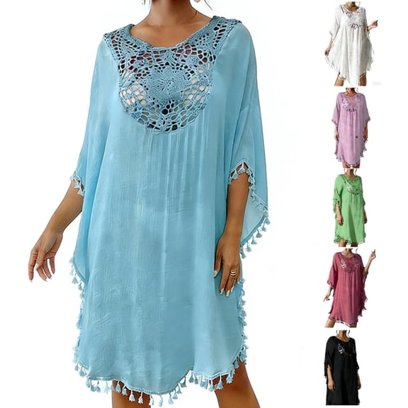 AnuYalue Women's Swimsuit Cover Up Half Sleeve Sun Protection Hollowed Out Shirt Dress Summer Beach Lace Pullover Tops