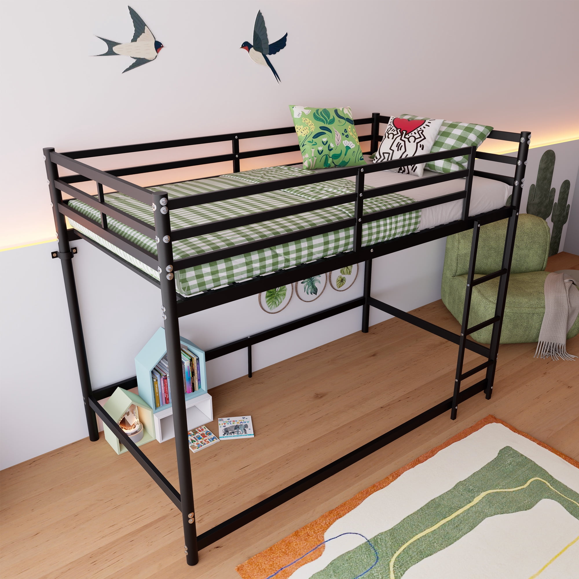 Mintazer Twin Over Twin Metal Bunk Bed with Ladder and Guardrails for Bedroom, Black