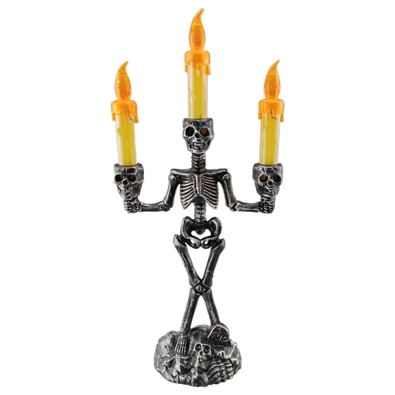 LED Skeleton Candelabra with Colored Flameless Candles – Yellow and Black Halloween Tabletop Decor with Flickering Lights