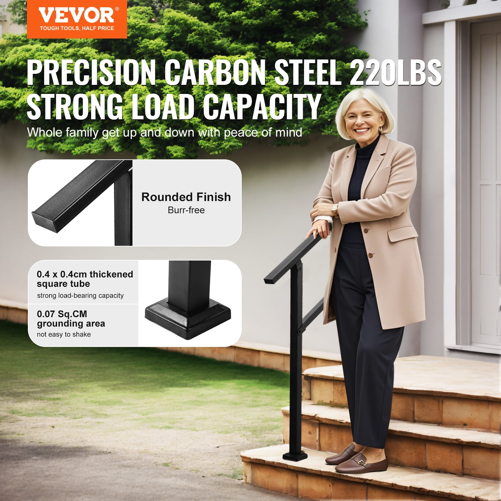 VEVOR Outdoor Handrails for Steps, 2-3 Step Stair Rail Kit, Black Square Tube with Horizontal Bar, Carbon Steel Support Rails for Seniors