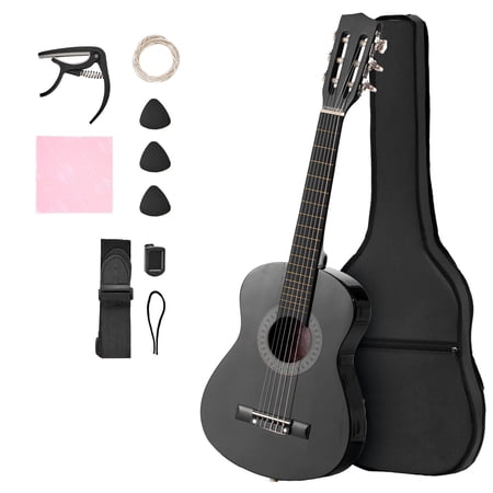 30-Inch Classical Guitar Starter Kit for Beginners Kids Girls Boys with Basswood Body Nylon Strings Gig Bag Strap Tuner Extra Strings Picks Capo Black Perfect for Students