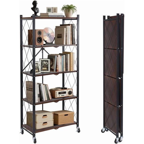 Vintage Industrial Bookshelf - No Assembly Folding Storage Shelf with Woodgrain Finish | Collapsible Metal Bookcase for Living Room Office Bedroom