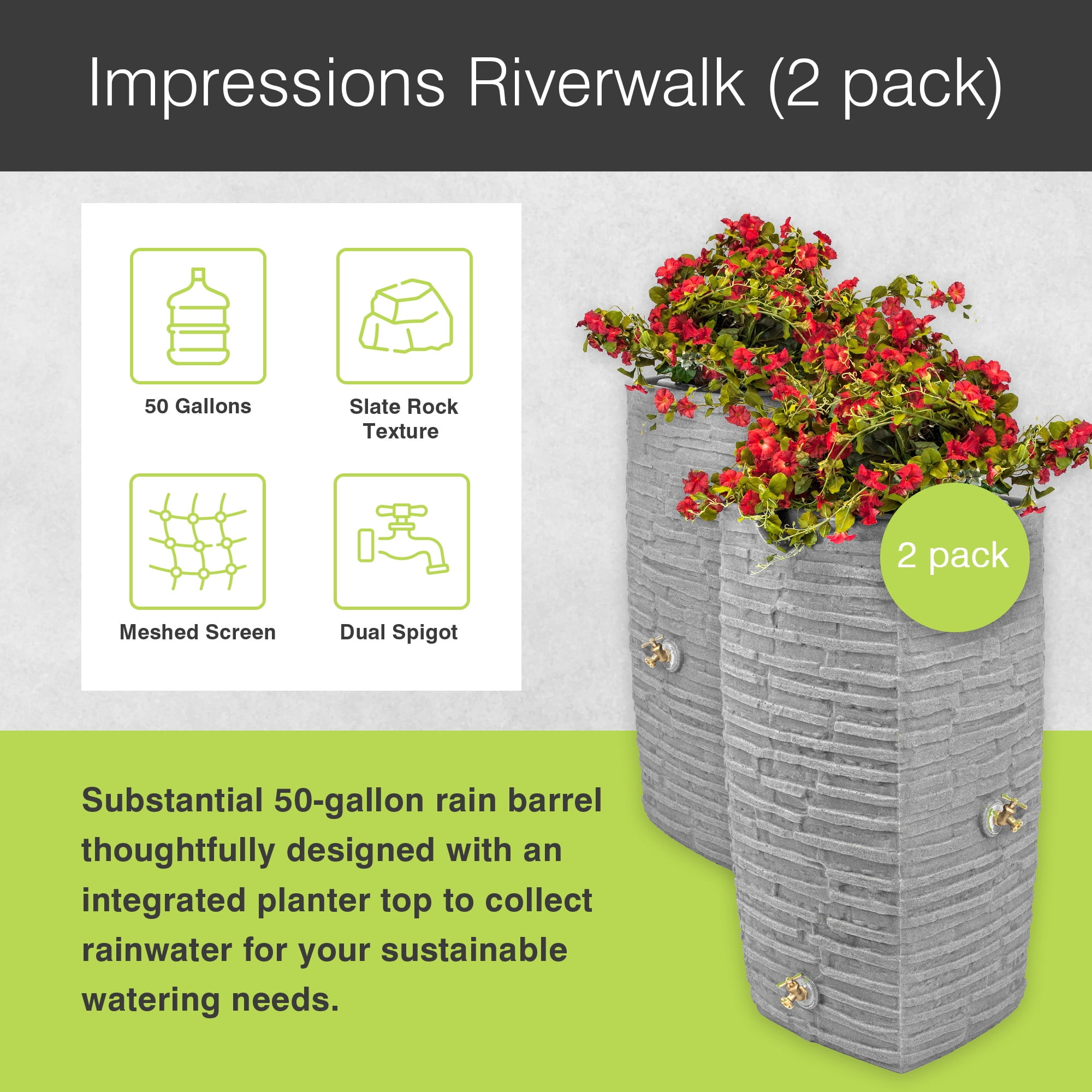Good Ideas Impressions Riverwalk 50 Gal Rain Saver, Light Granite (2 Pack)