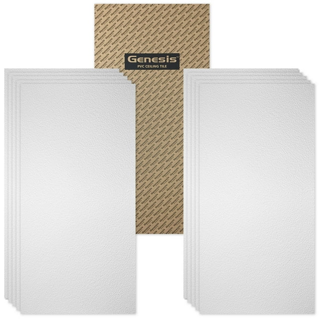 Genesis 2ft x 4ft White Stucco Pro Ceiling Tiles - Easy Drop-in Installation - Waterproof, Washable and Fire-Rated - High-Grade PVC to Prevent Breakage - Package of 10 Tiles