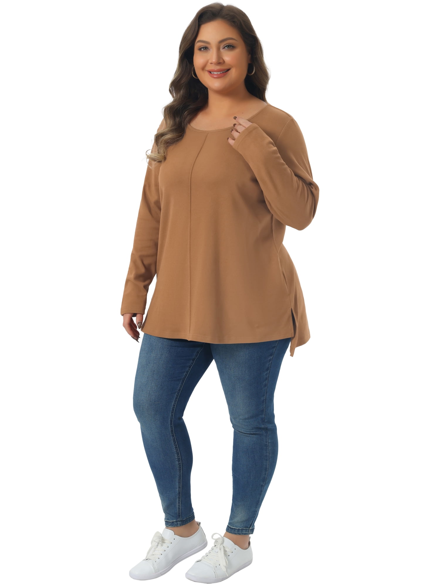DARING DIVA Women's Plus Crew Neck High Low Hem Blouse 4X Brown