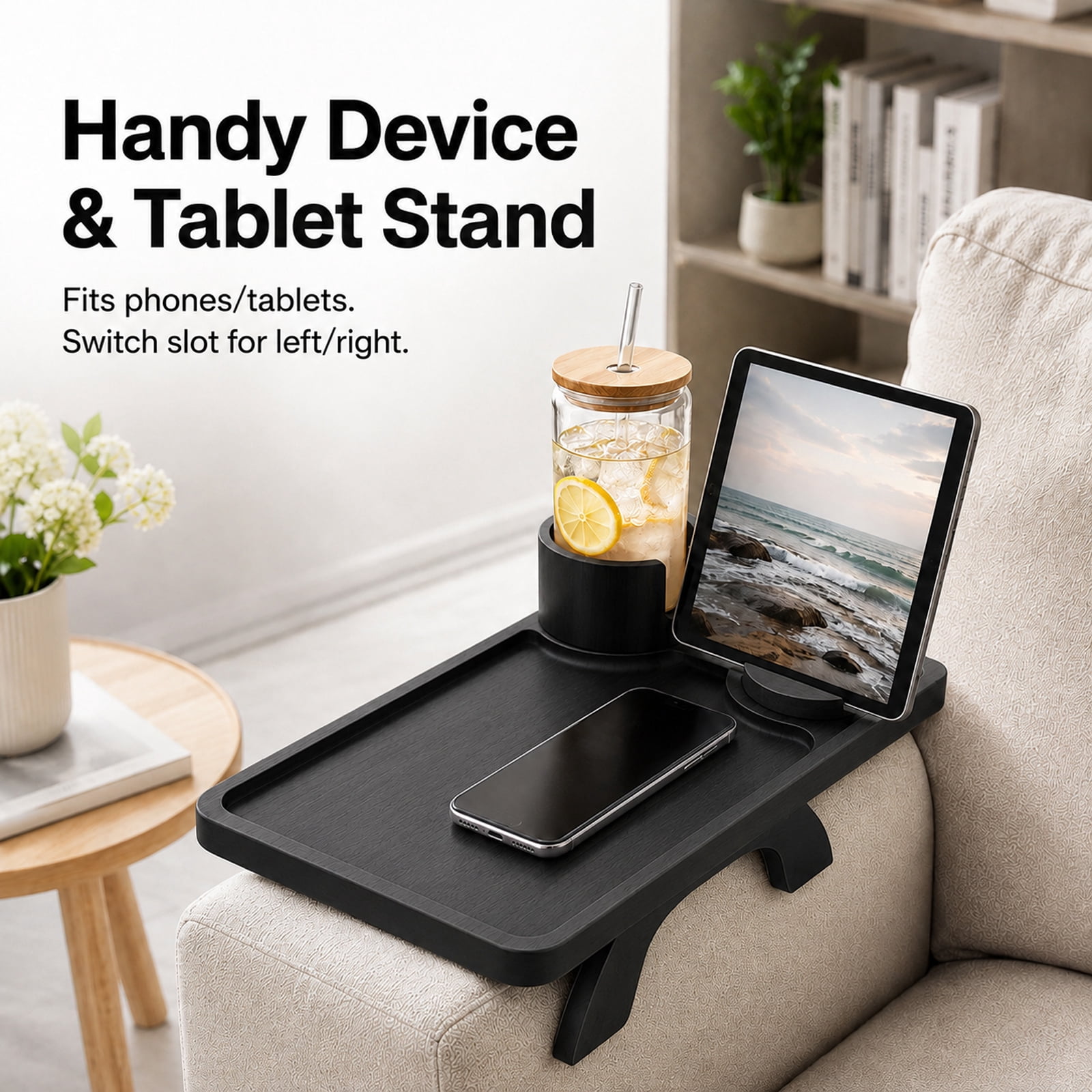 Alvantor 3-in-1 Acacia Wood Sofa Arm Tray with Rotating Phone Holder