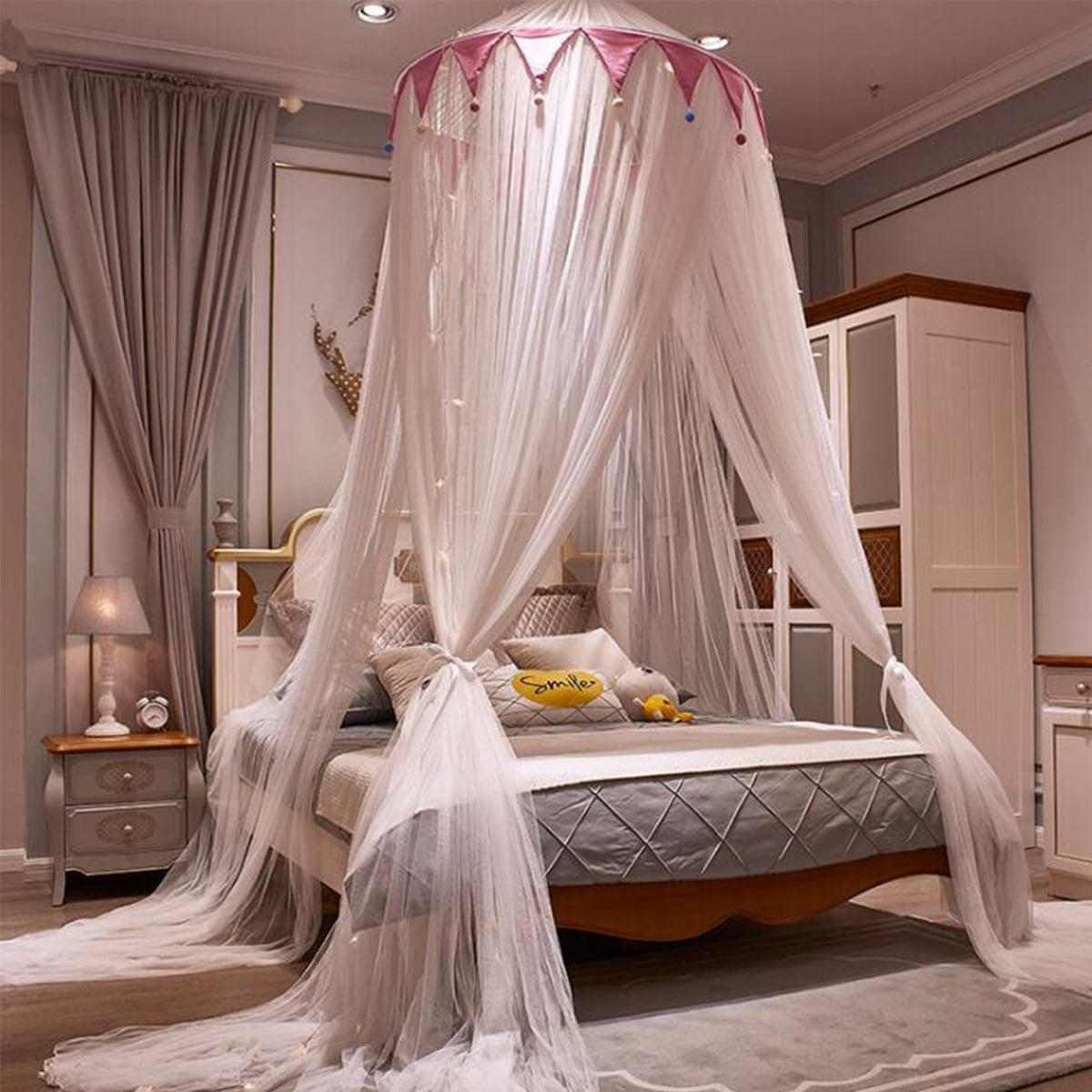 Details about  / Mengersi Bed Canopy Mosquito Net Princess Elegant Lace Round Sheer Mesh Bed Cu