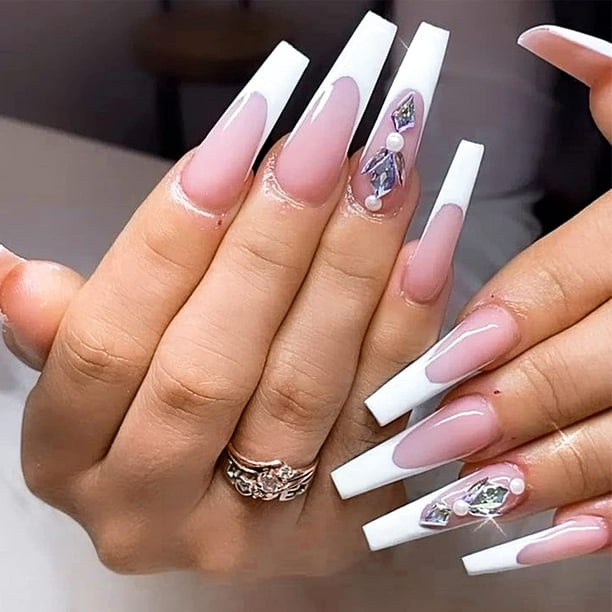French Tip Press on Nails Long with Designs White Gems False Fake Nails Press On Coffin Artificial Nails for Women Stick on Nails With Glue on Static nails French Tip Press on Nails Long with Designs White Gems False Fake Nails Press On Coffin Artificial Nails for Women Stick on Nails With Glue on Static nails