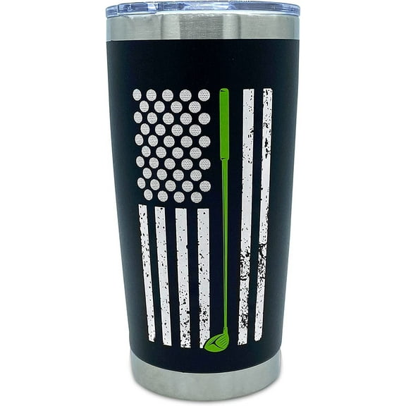 Golf Gifts for Men or Women, Unique Stainless Steel Travel Golfing Tumbler w/Golf Balls as Stars on American Flag, Funny Golfer Accessories Gift, Use for Coffee Beer or Wine, Black 20 oz