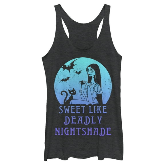 Women's The Nightmare Before Christmas Halloween Sally Sweet Like Deadly Nightshade Racerback Tank Top Black Heather Small