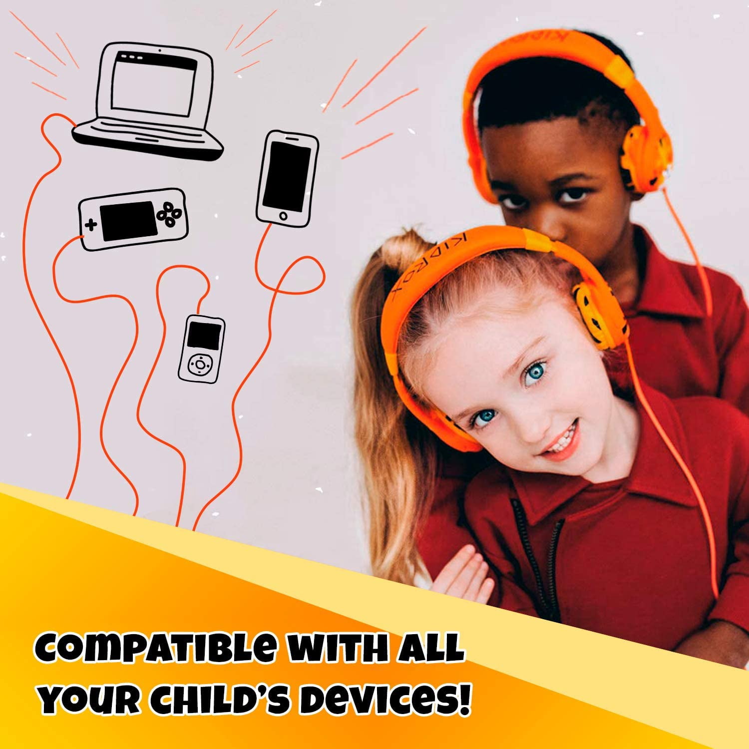 kidrox tiger-ear kids headphones, 85db volume limited, adjustable and safe hearing protection, tangle free cable, wired on-ear earphones for children toddler boys girls