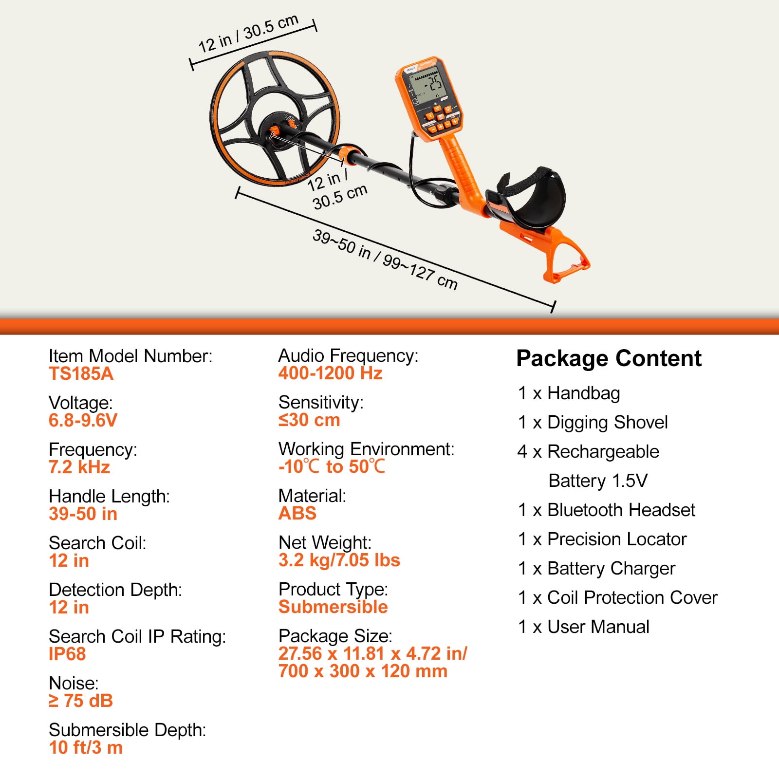 KFFKFF 12" Metal Detector with LCD Display, 39"-50" Adjustable Stem for Kids and Adults,7 Modes Gold Detector with IP68 Waterproof Coil, Suitable for Beaches, Backyards, Hiking