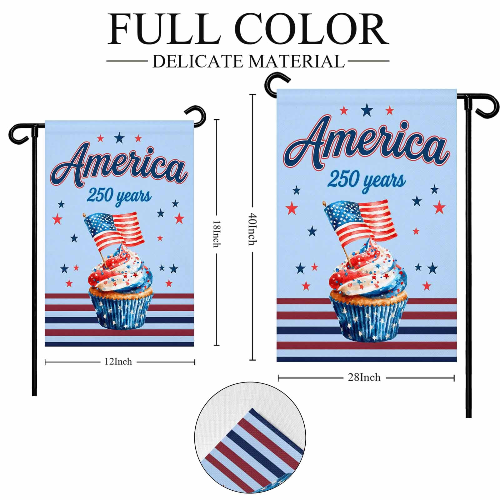 4th of July Garden Flags America 250 Years Garden Flag Double Sided Welcome Flag USA Flag Cupcakes Star Blue Stripes Independence Day Yard Flags for Outdoor Lawn Porch Memorial Day Decor 28x40 Inch