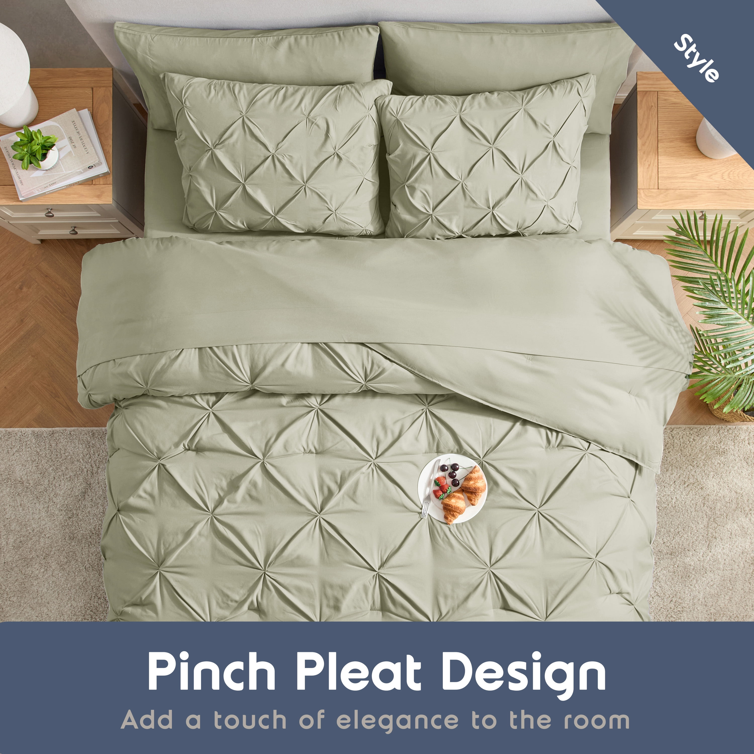 LammaLoe California King Size comforter Sets, 7 Piece Bed In A Bag Pintuck Bedding Sets, Light Sage