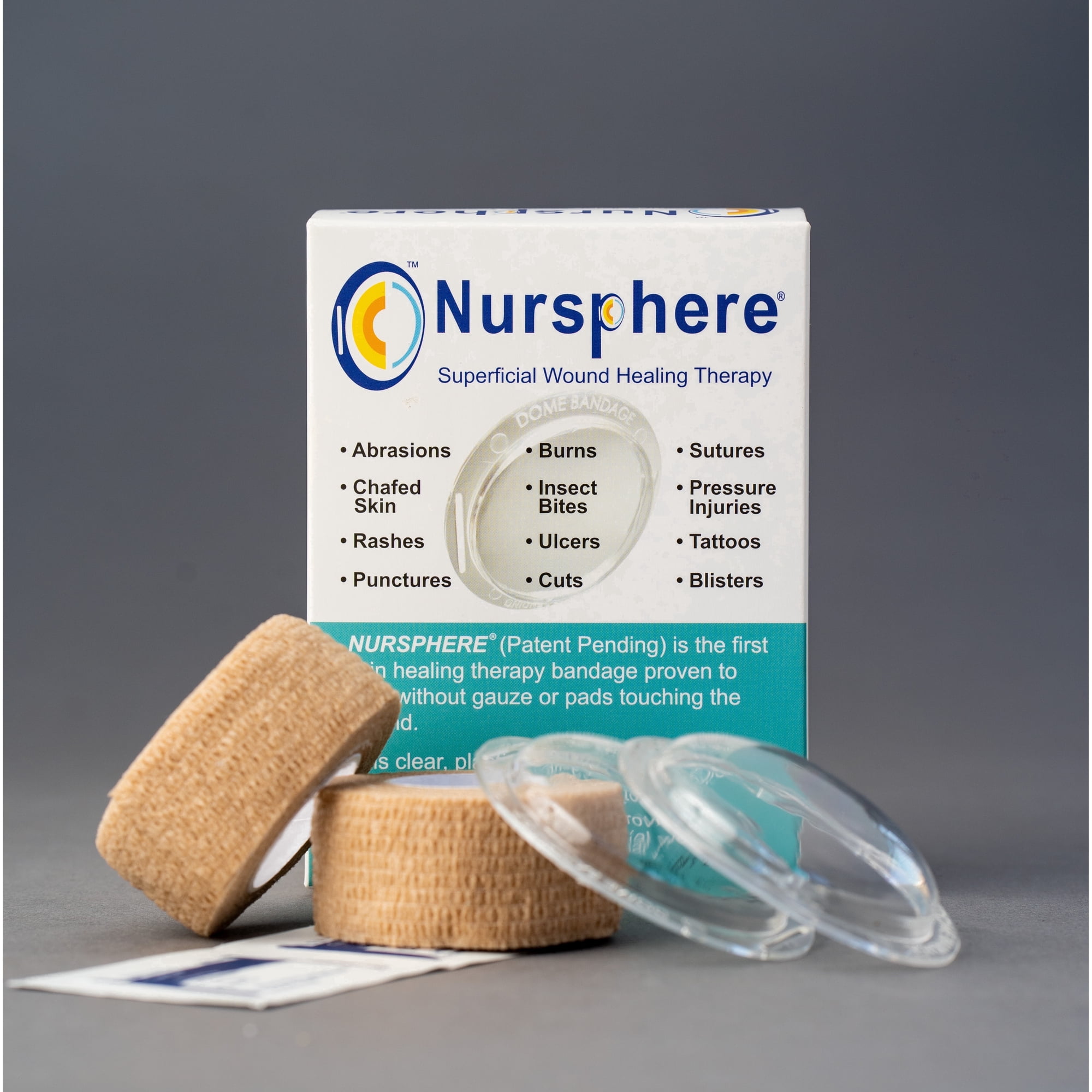 Nursphere® Dome Bandage™ Original Clear with Wound Tracker™ App U.S. Medical Utility Patent No. 12,636,195.